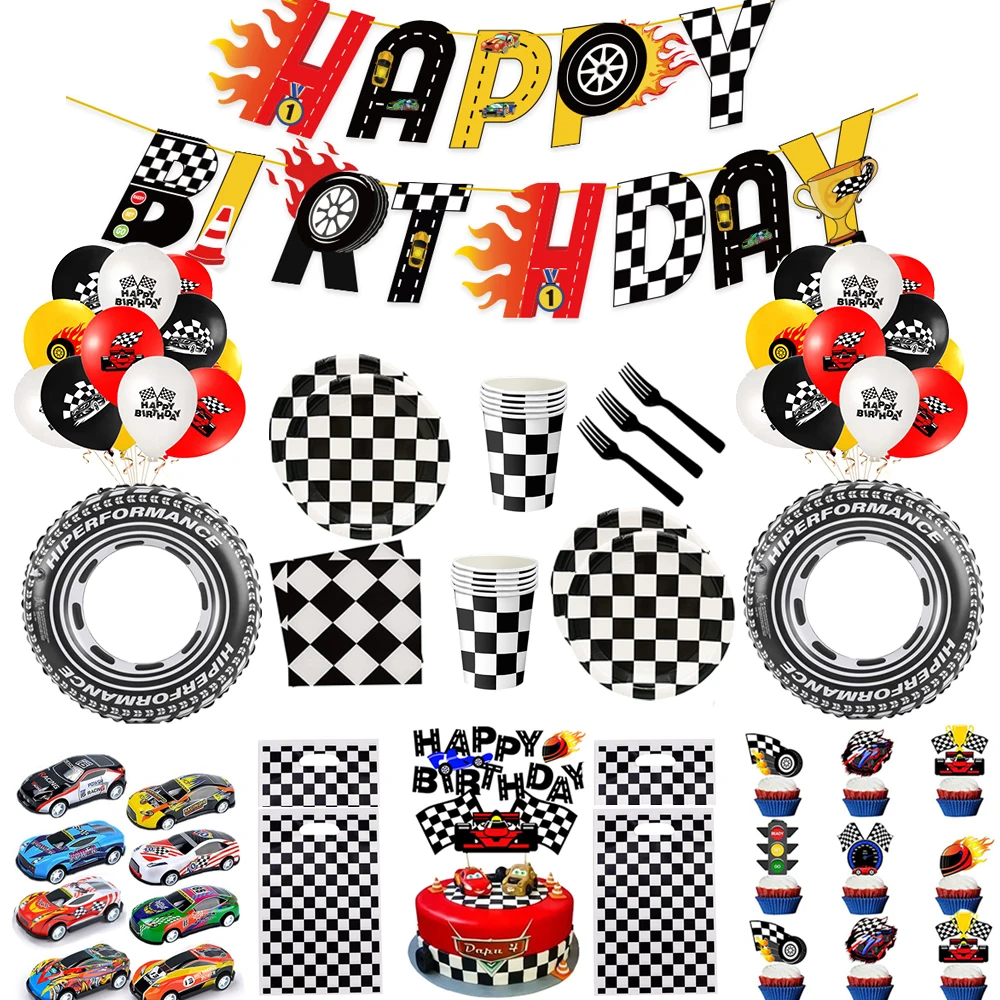 Racing Car Party Decorations Checkered Tableware Plates Cups Napkins Pennant Foil Balloons for Boys Race Birthday F1 Party Favor