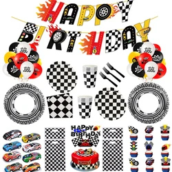 Racing Car Party Decorations Checkered Tableware Plates Cups Napkins Pennant Foil Balloons for Boys Race Birthday F1 Party Favor