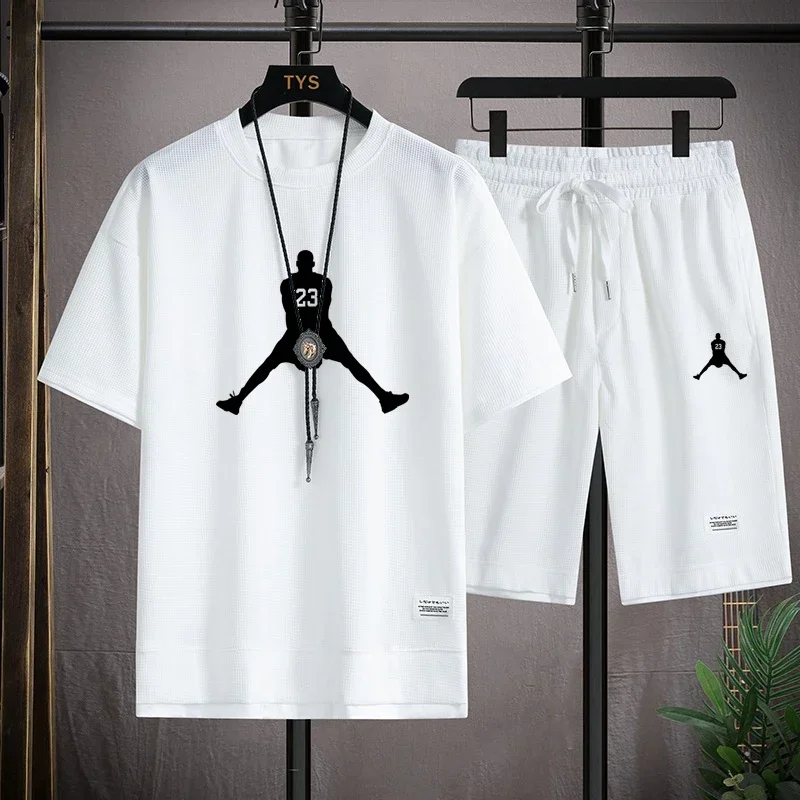 Waffle Casual T-shirt and Shorts Set Basketball Sports Breathable Quick Drying 2-piece set 2025 Summer Fashion Men