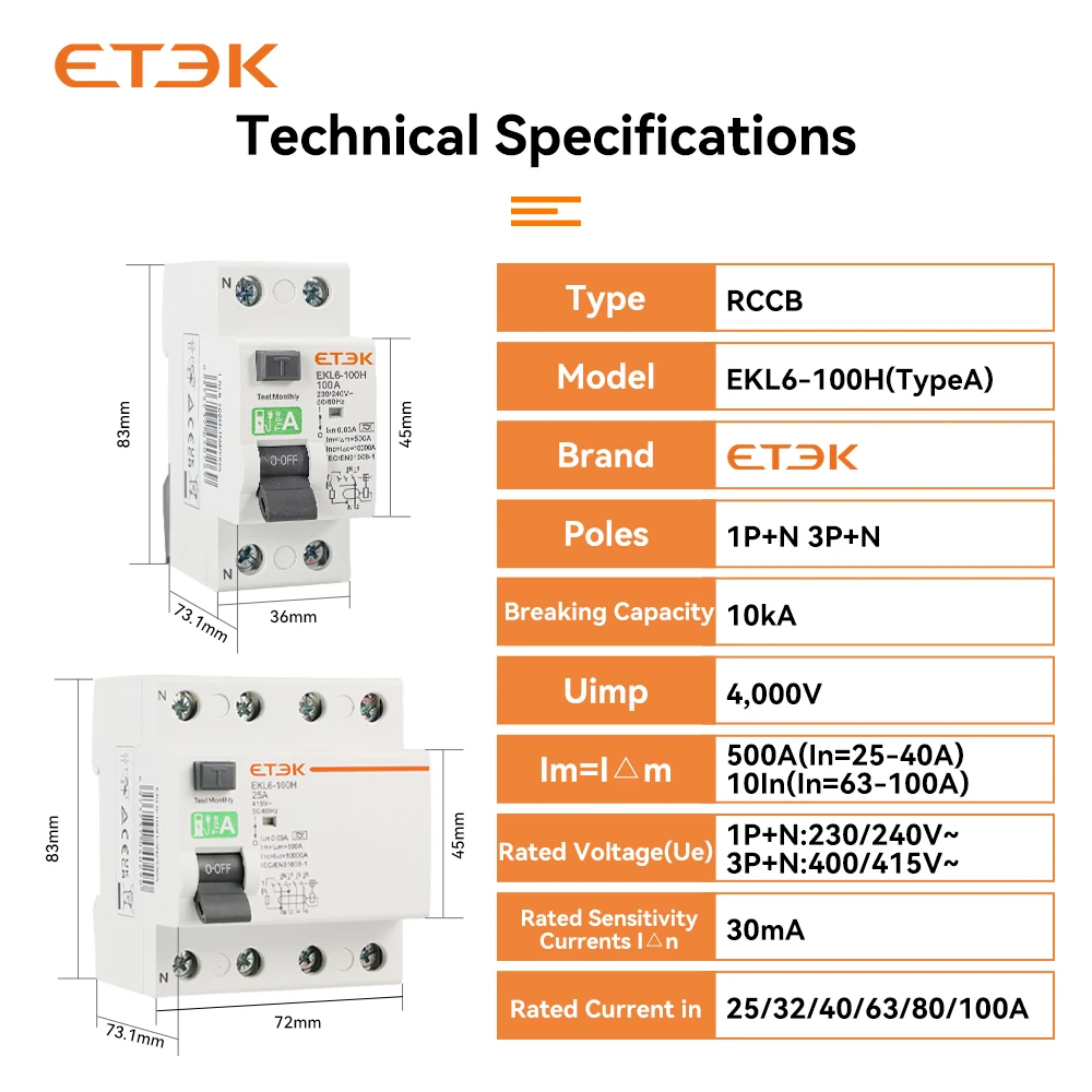 ETEK AType RCCB 2P 4P RCD 25-100A 40A 10KA High Breaking Capacity EKL6-100H