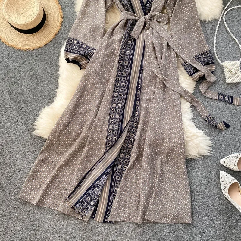 New Fashion Women Chiffon Dress Ladies Printed Lace-up Waist maniche lunghe telai vita Slim Style Swing Long a-line Dress