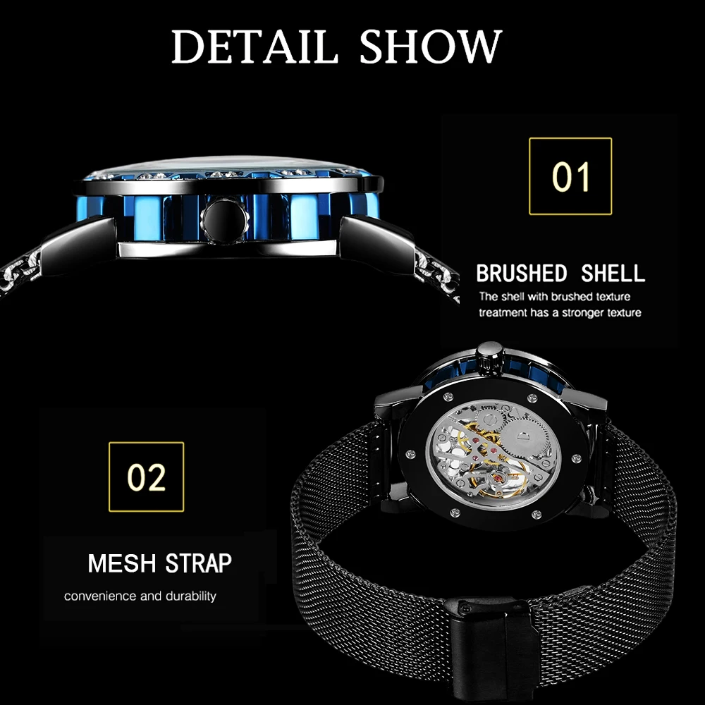 T-WINNER Klassische Herrenuhren, Skelett, mechanisch, leuchtende Zeiger, Strass-Mesh-Band, Mann, römische Ziffern, leicht ablesbare Armbanduhr