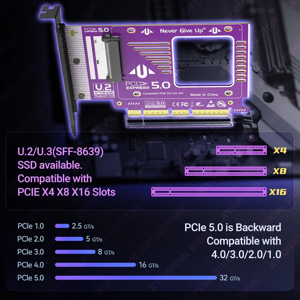 Conversor JEYI PCIe 5.0 para U.2 (SFF - 8639), expansão SSD GEN5 U.2 de 128 Gbps para PCIE X4/X8/X16, compatível com PCIe 4.0/3.0/2.0.