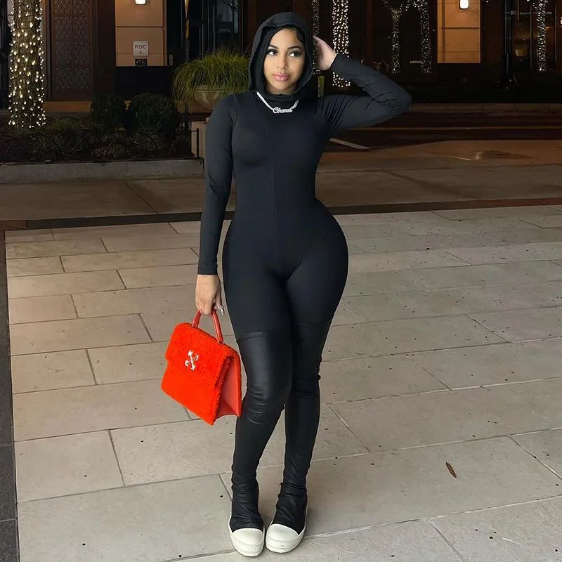 Fall Black Hoodies Jumpsuits One Piece Long Sleeve Bodycon Stretchy Casual Skinny Pant 2022 Women Fashion Clothing Streetwear