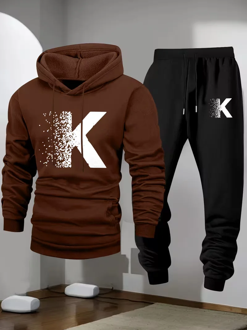 2026 New Men's Minimalist Hoodie Fashionable printed set suitable for casual and warm sportswear in spring autumn and winter view 2