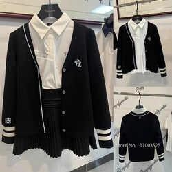 2024 Winter Golf New Wear Women Long Sleeve Warm Coat Slim Knitted Cardigan Golf Sweater Ladies Striped School Style Jackets