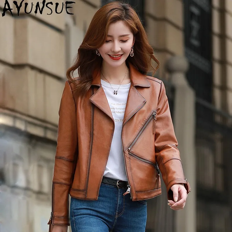 سترة من الجلد الحقيقي للنساء من AYUNSUE 2025 معاطف للدراجات النارية من جلد الغنم الأسود جديدة في ملابس خارجية ملابس ربيع الخريف كوسوهها Жenška