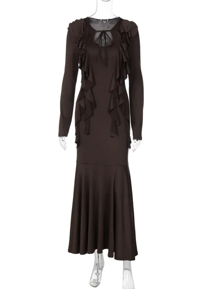 Chaxiaoa Elegant Bodycon Party Club Evening Dress Women 2025 Autumn Fashion Ruffled Lace-Up Long Sleeve Waist-Cinching Clothing