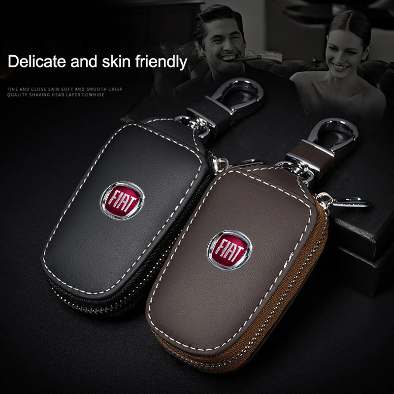 Neue luxuriöse Leder-Autoschlüsselhülle mit Schlüsselanhänger-Schutzbeutel für FIAT 500 Grande Stilo Freemont Punto Astra Bravo Ducato.