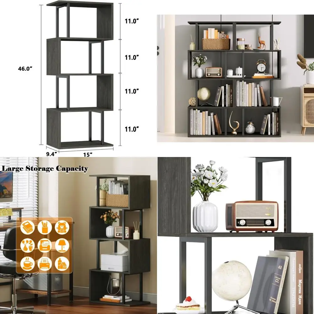 

Книжная полка с геометрическим рисунком, 5-уровневый книжный шкаф, промышленная S-образная полка для хранения вещей для небольшого пространства, высокая металлическая деревянная декоративная подставка