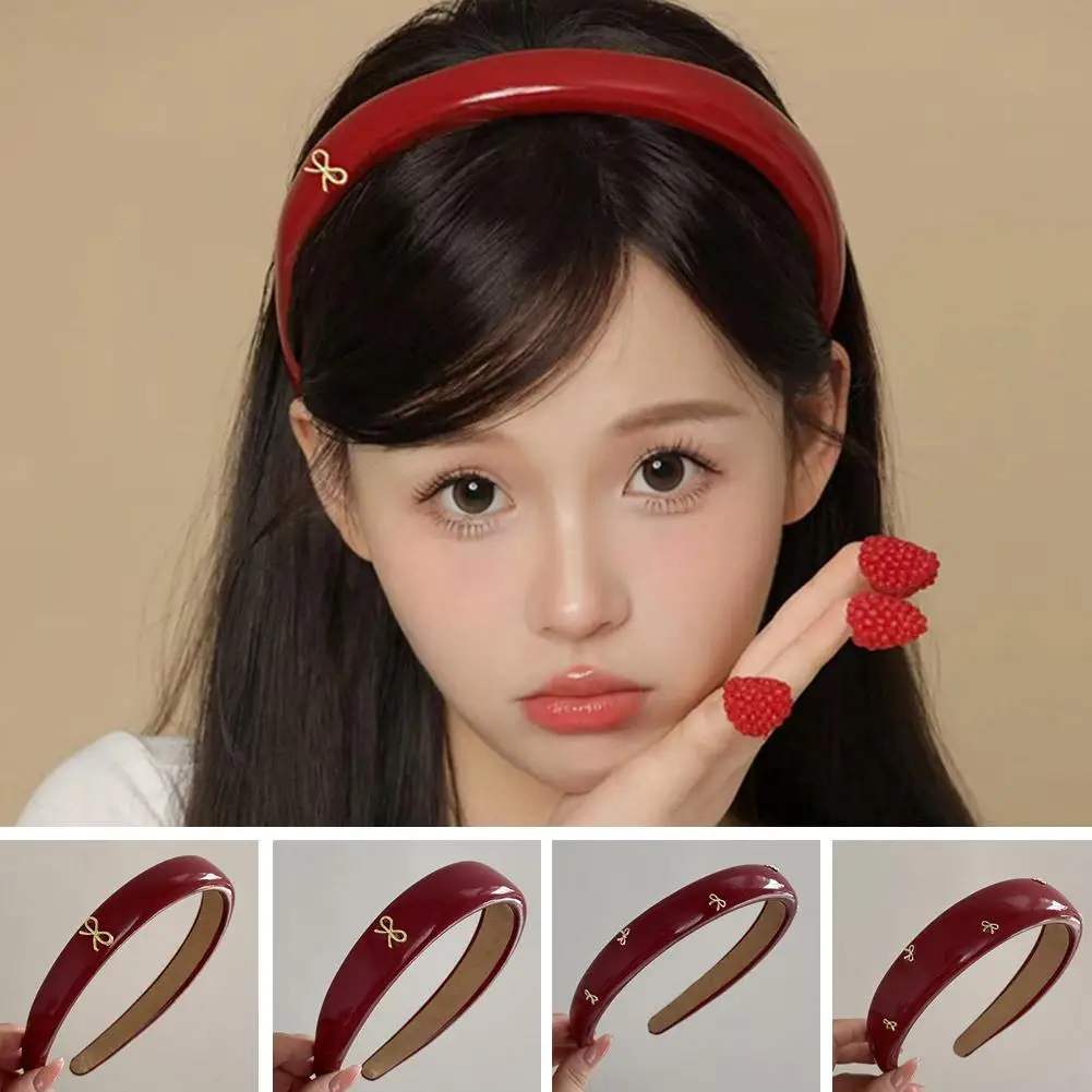 High-end Red PU Leather Festive Atmosphere Golden Bow Headband New Hairpin Headband Going Temperament Accessories Daily Out F8N7