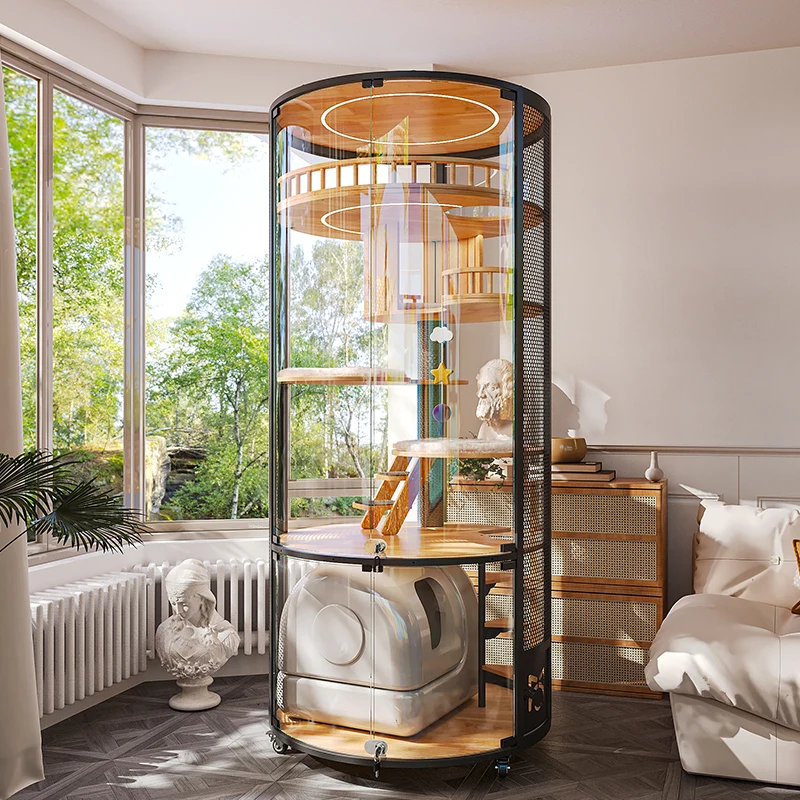 

Cat Villa Luxury 360 Panoramic Cat Cage, House Solid Wood Steel Glass