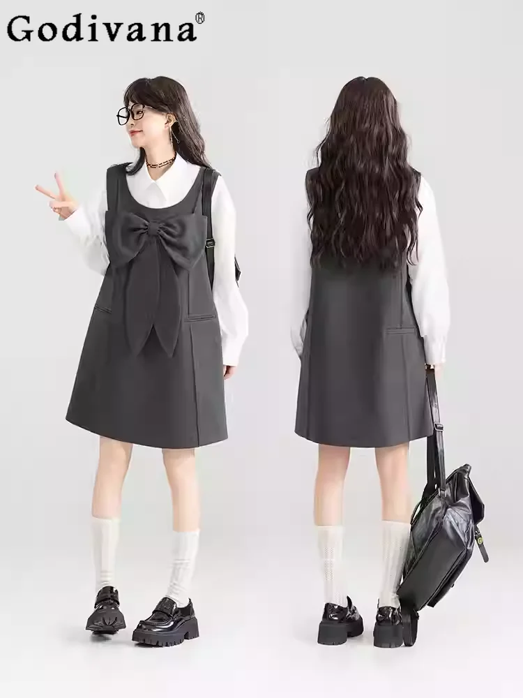 

Новое весеннее платье 2026 года: французский серый свободный крой, без рукавов, в японском стиле, модное, с большим бантом, А-силуэт, для создания омолаживающего образа, студенческое платье-жилетка