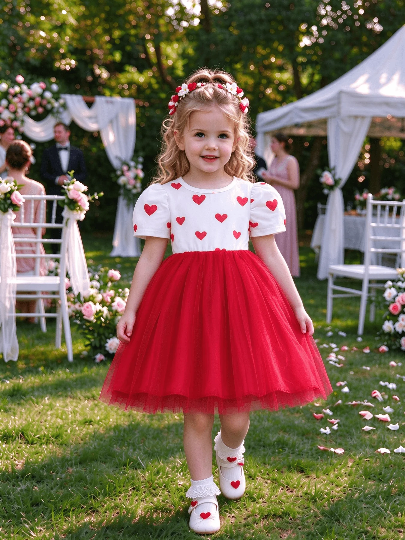 Girls 4-7 Years Heart Print Tulle Dress Short Sleeve Party Wedding Valentine Day Princess Dress