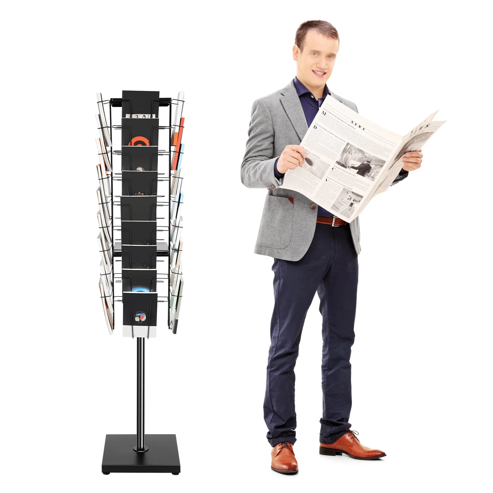 Foldable Magazine Rack with 36 Pockets, Electrostatic Spray Finish, Rotatable for Office, Home & Library Storage