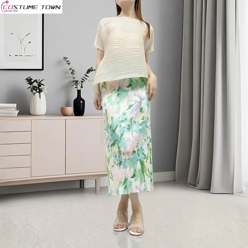 

Summer new European and American style new women's irregular short sleeved T-shirt+printed split hip skirt two-piece set