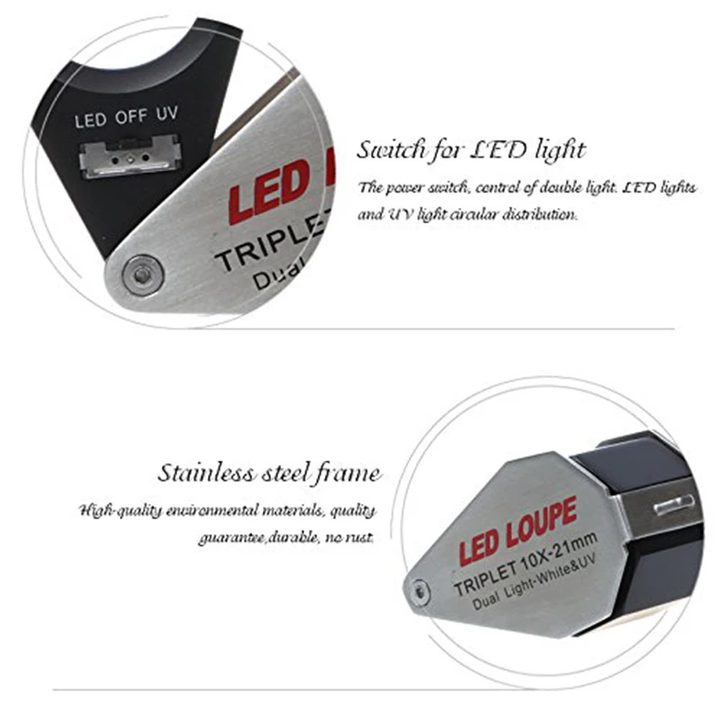 Professional Dual Light UV/LED Triplet Illuminated Loupe 10x Jeweler Magnifier with 6 LED UV Light 21mm Lens for Gems Jewelry