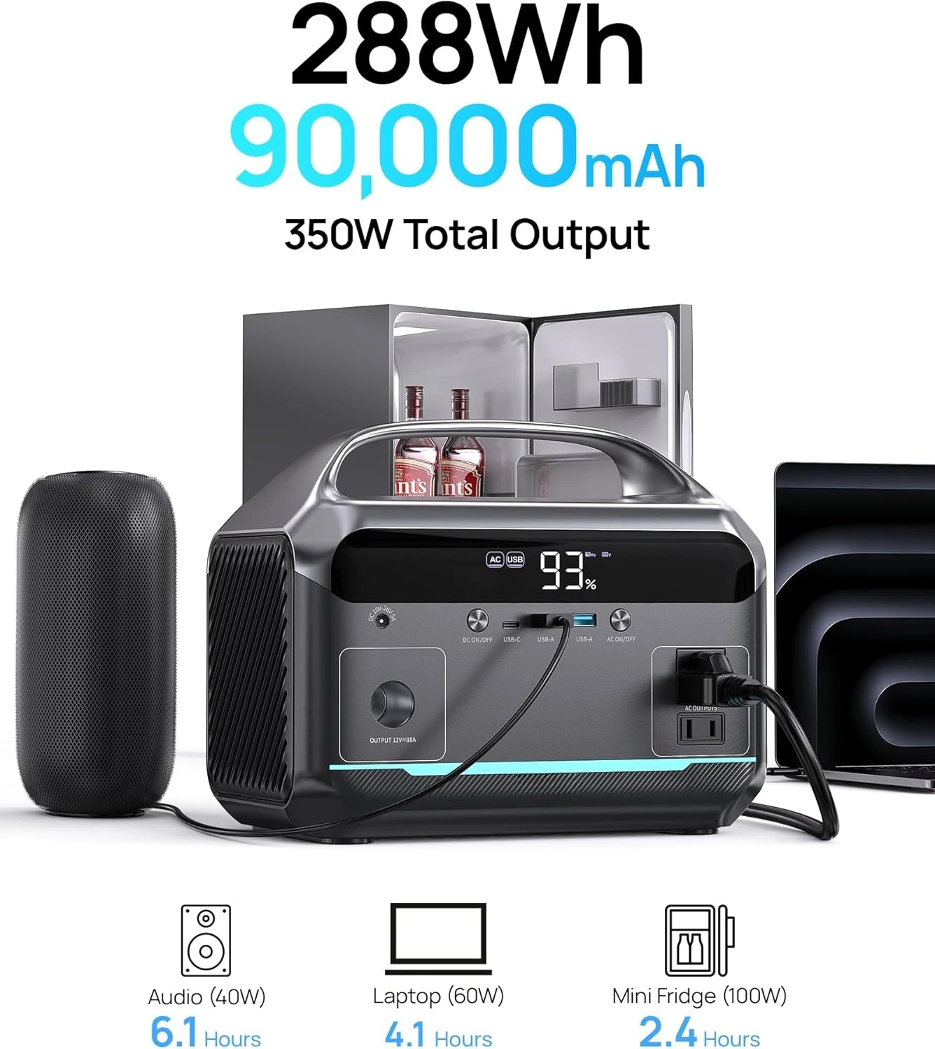 

Portable Power Station 600W Surge, 288Wh (90,000mAh) Solar Generator, LiFeP04 Battery with 300W AC Outlets