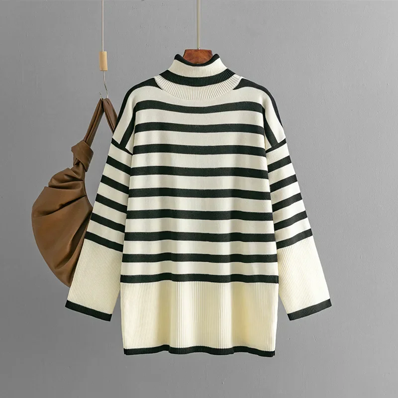 Striped Knitted Turtleneck Sweater Women Pullovers Long Sleeve Jumpers Casual Basics Autumn Sweaters Loose Slight Strech