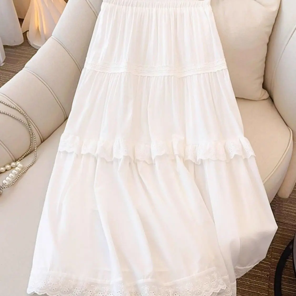 

Белая кружевная юбка миди с высокой талией, пышная, в корейском стиле, весна-лето, новинка, женская, средней длины