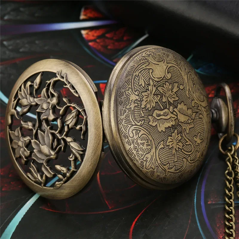 Retro Timepiece Antique Pocket Watch with Hollow Flower Design Bronze Quartz Movement Clock Necklace Sweater Chain Collectable