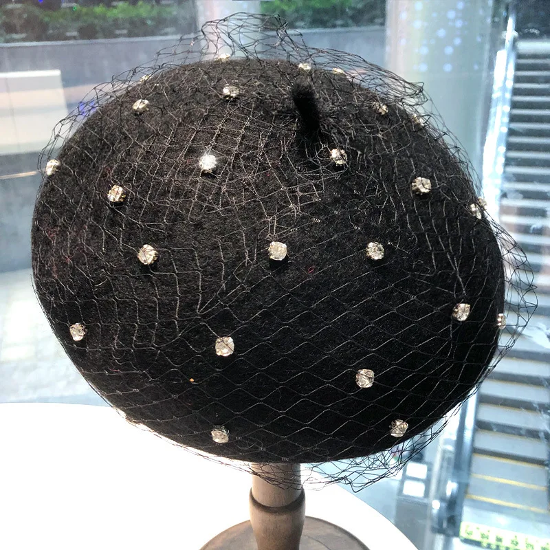 Fascinating Rhinestone Winter Wool Beret Women Vintage Mesh Veil Pumpkin Casual All-match Hat Female Beanie Cap Girls Gift