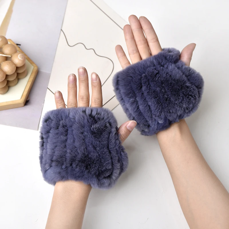 Women's Natural Rex Rabbit Fur Gloves Elastic Knitted Real Fur Mittens Winter Warm Wrist Guards with Exposed Fingers