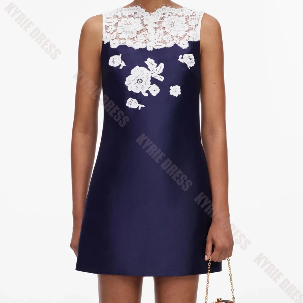Customized Formal Evening Dresses Knee Length Boat Neck Sleeveless Lace for Guest Prom Dresses Fashion Simple Mini Party Gowns