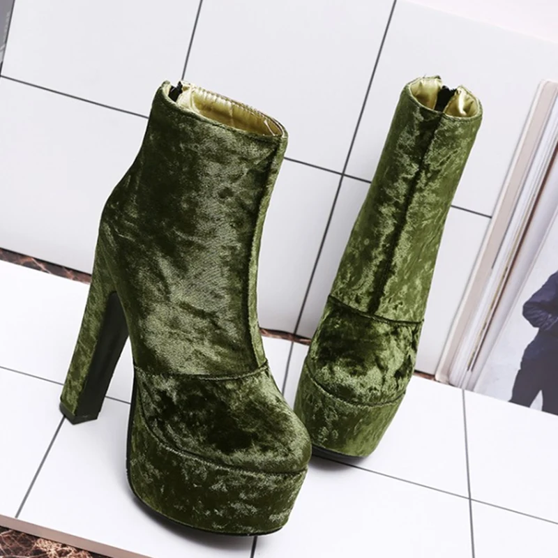 Platform Women Ankle Boots Fashion Velvet High Heels Boots Female Sexy Round Toe Nightclub Party Ladies Shoes Large Size 45