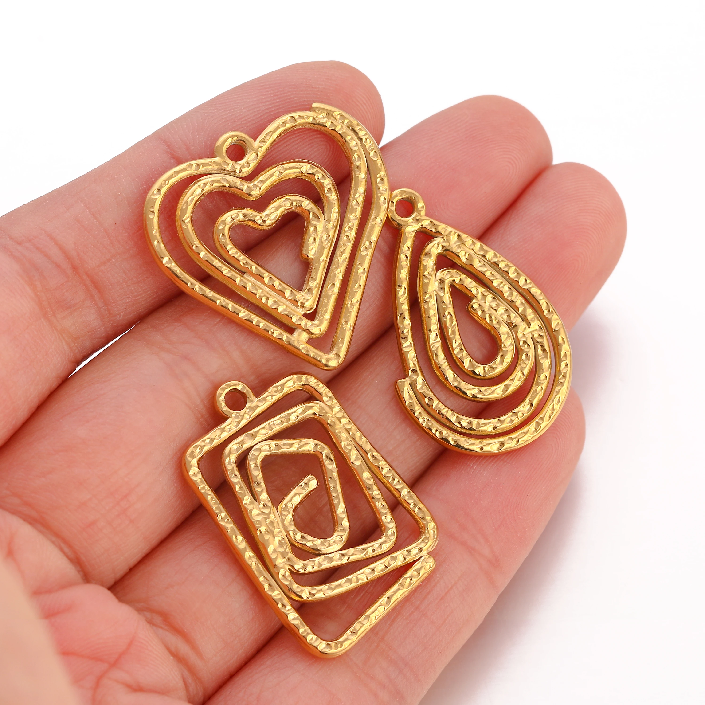 3Pcs Geometry Vortex Circle Charms Stainless Steel Heart/Drop/Rectangular Swirl Spiral Pendants Crafts Decor DIY  Jewelry Making