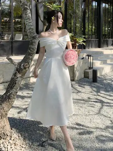 French White Off Shoulder Sexy Elegant Bow Dress Women Birthday Evening Party Fairy Gowns Dresses Sweet Fashion 2023 Summer Boho