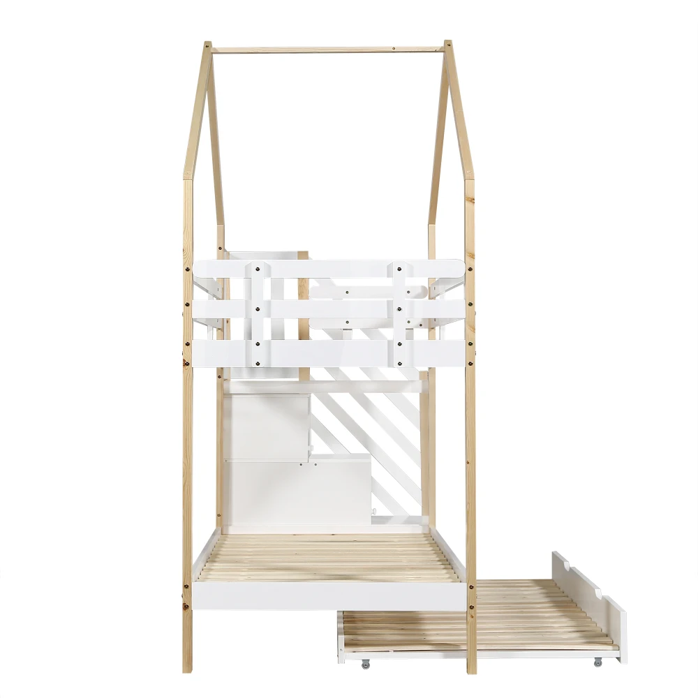 PINGGO Naturweißes Holzhausbett 90x200+90x190cm Kinder-Etagenbett mit Rutsche, Treppe, 3 Schubladen, Sicherheitsgeländer, ohne Matratze – Detail 18