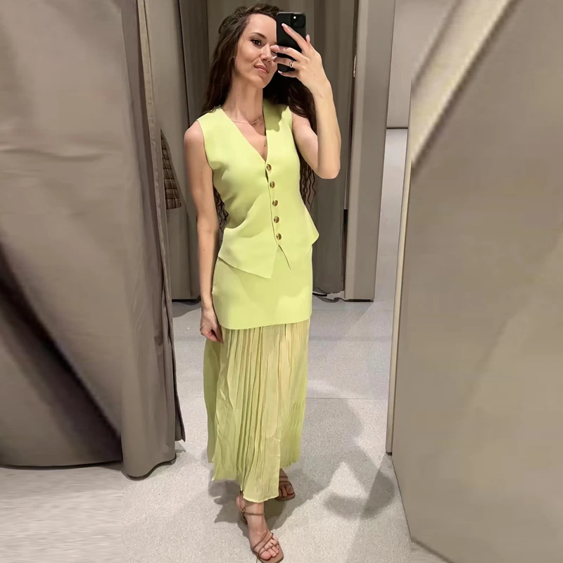 Hxao conjunto de saia verde feminino, duas peças, malha colheita, sem mangas, botão, top, colete, plissado, cintura alta, roupas de férias