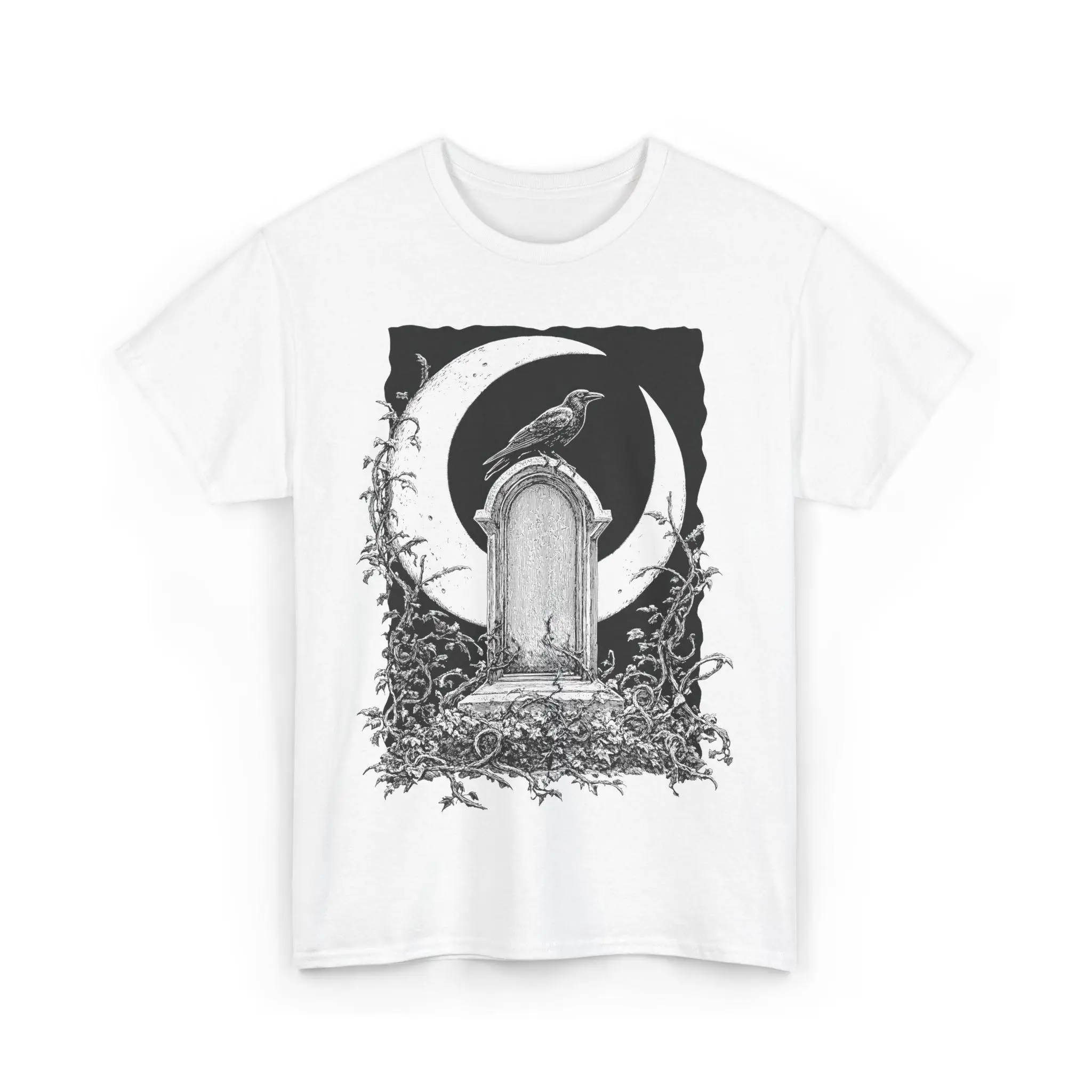 Gothic Raven Tombstone Graveyard Crescent Moon T-shirt Dark Academia Aesthetic Vintage Cemetery Spooky Literary Men Clothing