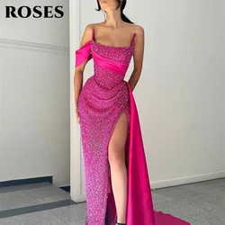 ROSES Fuchsia Strapless Sexy Evening Dresses for Woman Elegant Shiny Prom Gown Sequin High Split Party Dresses فساتين السهرة