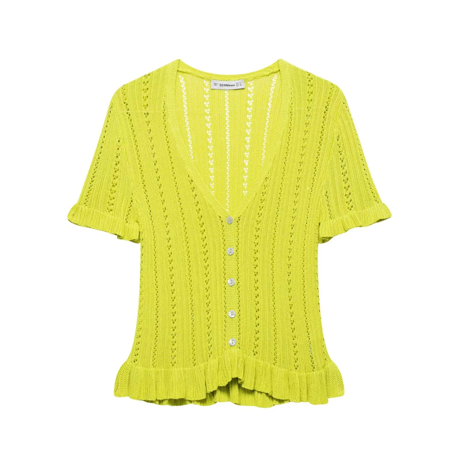 

Zevity 2025 Women Sexy V Neck Cascading Ruffles Hollow Crochet Knitting Blouse Female Chic Short Sleeve Shirt Blusas Tops LS9276