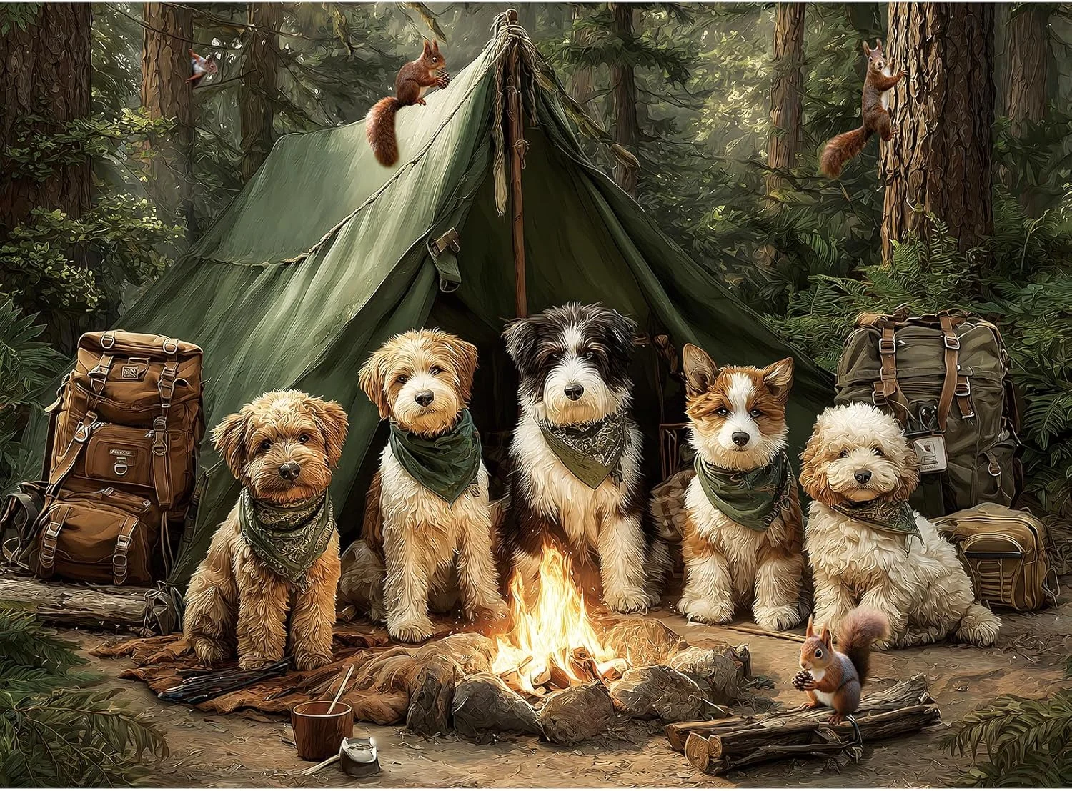 Camping Puppies Forest Tent Wooden Jigsaw Puzzle 520 Pieces Home Classroom Cafe Wall Ornament Family Bonding Game Surprise Gift