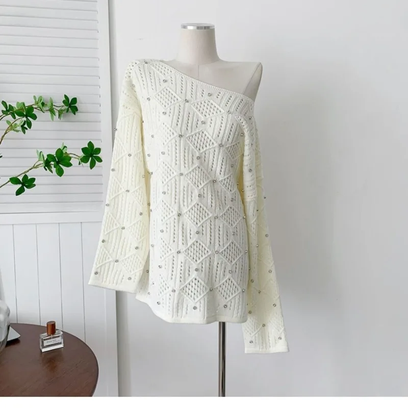 

MiiiiX French Elegant Hollow Design Beaded Knitted Pullover Women's Sweater 2024 Autumn New Loose Argyle Knitwear Female Clothes