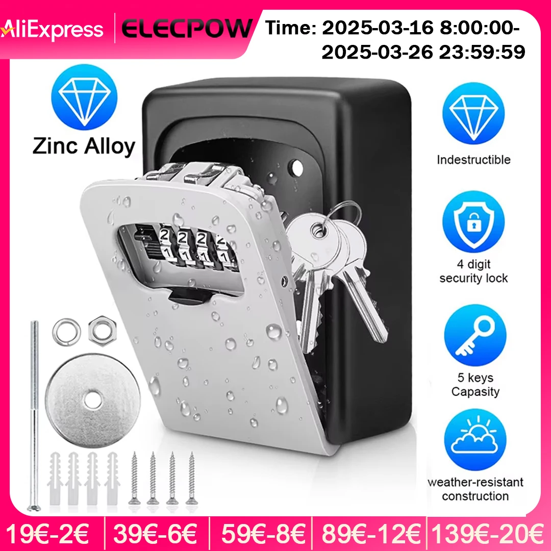 Elecpow Metal Material Password Lock Storage Box Outdoor Waterproof Wall Mount 4 Digit Password Key Box Anti Theft Lock Safe Box