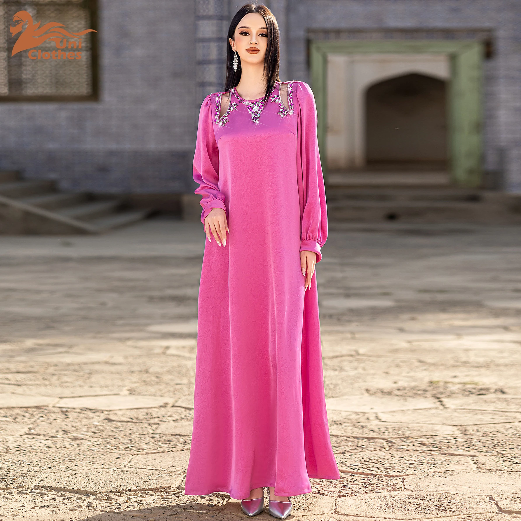 

UNI New Morocco Rhinestone Decorated Maxi Dresses Lantern Sleeve Abayas Elegant Solid Women Evening Dress
