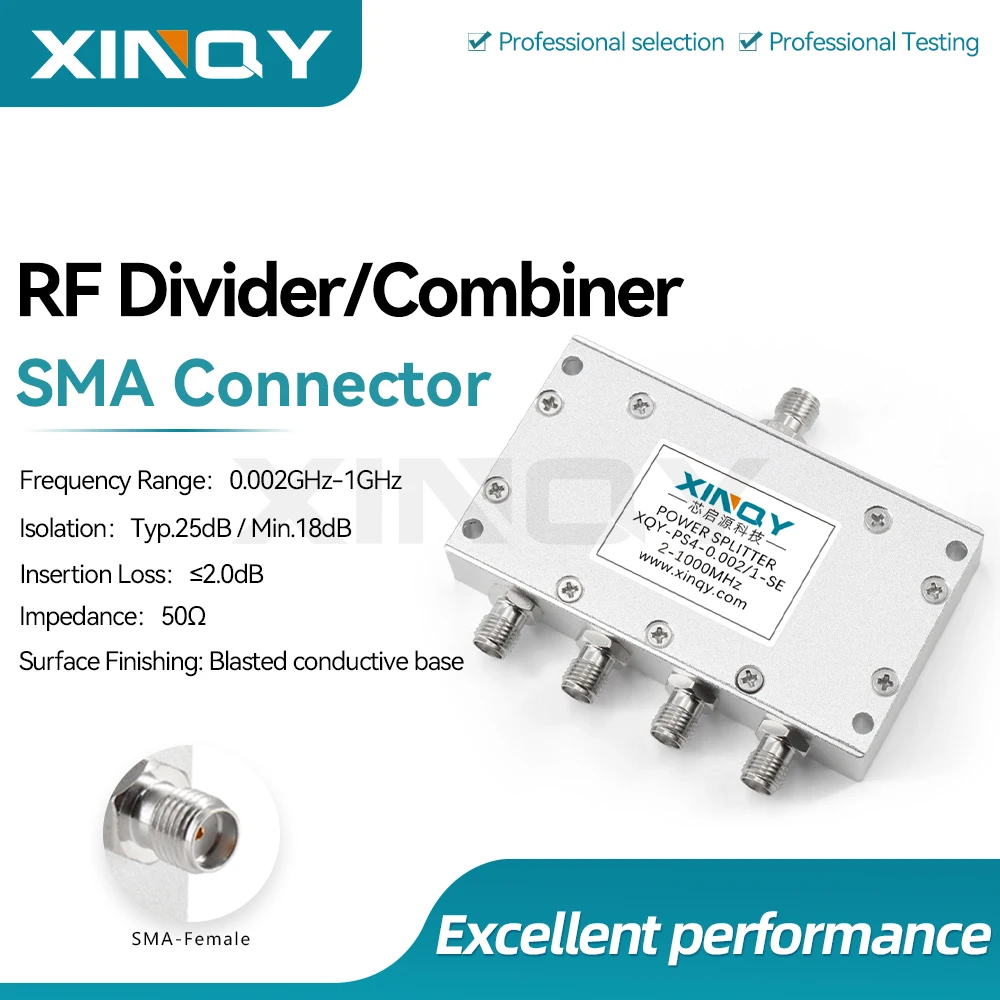 XINQY 1-Way to 4-Way SMA Female Clock Line Power Divider, 2-1000MHz, Ultra-Low Frequency Timing Antenna Signal Splitter