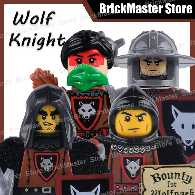 MOC Castillo Medieval Lobo Caballero soldado figuras bloques de construcción escudo capa armas casco espada guerrero guardia ladrillos juguete regalos