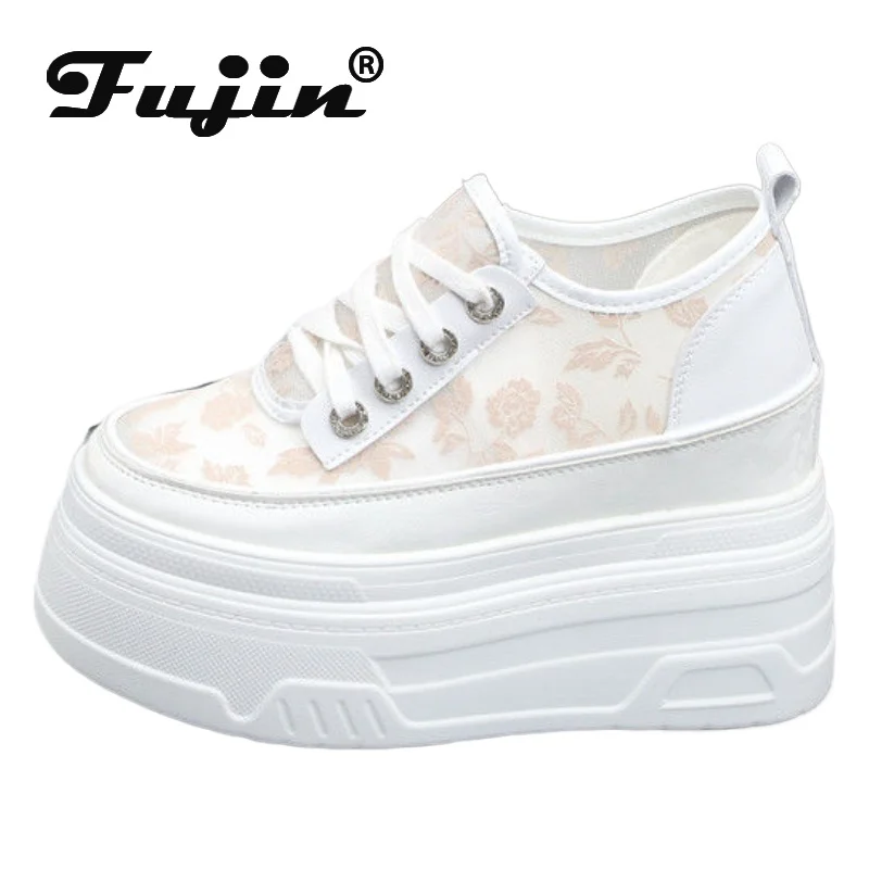 Fujin 10cm 12cm 14cm Air Mesh Leather Chunky Sneaker Heels Breathable Pumps Summer Fashion Sandals Platform Wedge Hollow Shoes