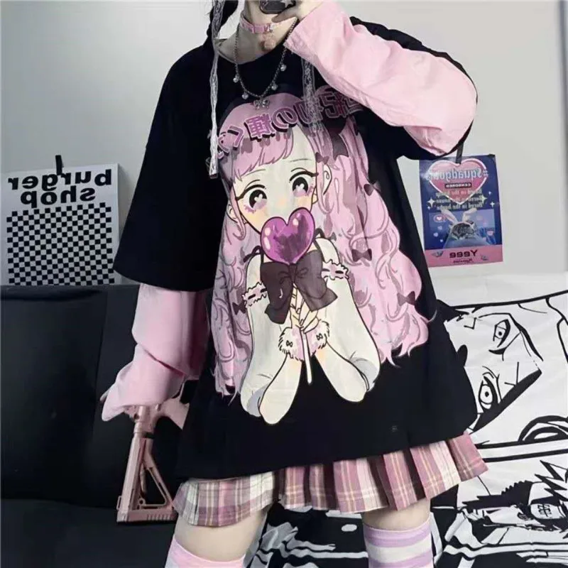 Japanese Cartoon Anime Sweet Cute Girl Print Long Sleeve T-shirt Women Autumn Street Fake 2 Piece Patchwork Pullovers Y2K Top