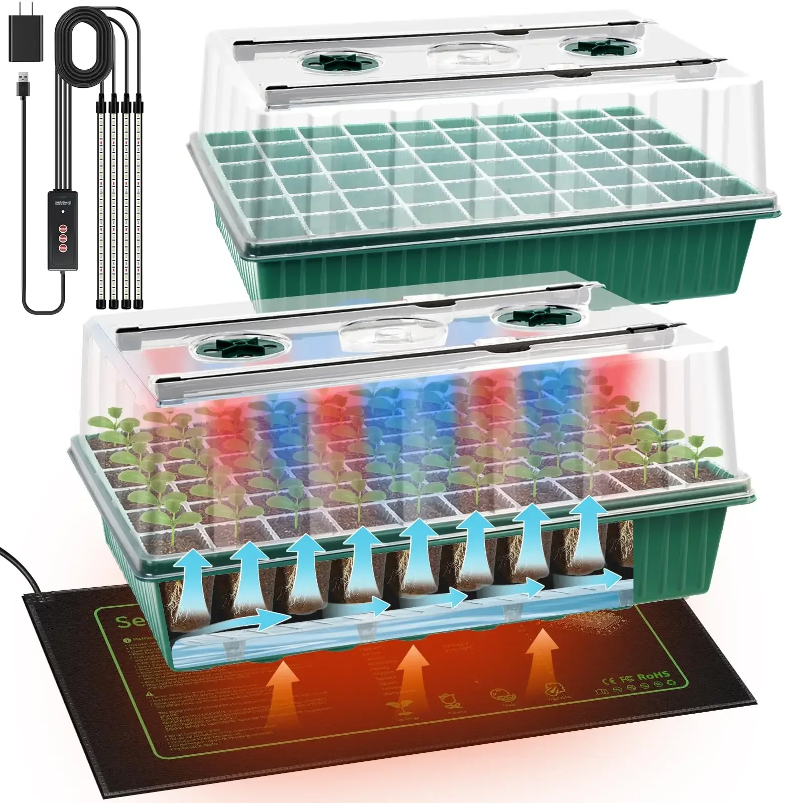 

2 Set 120-Cell Seed Starter Kit With Heat Mat, Self-Watering Tray, Adjustable Timed Grow Light And Humidity Domes