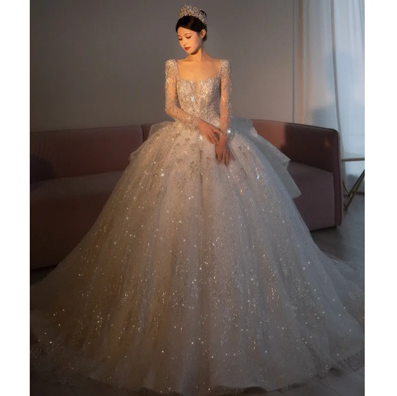 2024 Cathedral Wedding Bridal Heavy Hand-Made With Train Ball Gowns Tail Long Sleeve Retro Advanced Texture  Vestido Novia GB057