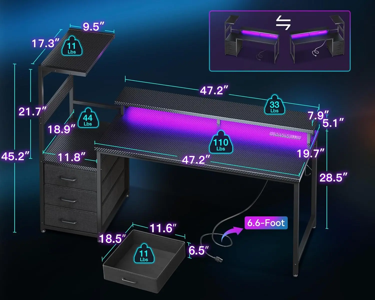 مكتب ألعاب مقاس 59 بوصة مع منافذ شحن USB وإضاءة LED - مكتب كمبيوتر قابل للعكس مع أرفف تخزين