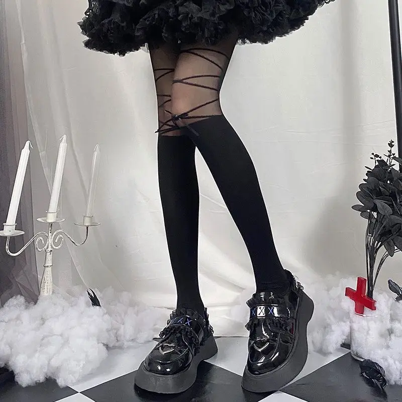 Lolita Jacquard Strap Bow Pantyhose Women's Thin Style Pure Want Splicing White Silk leggings Socks Anti Hook Silk