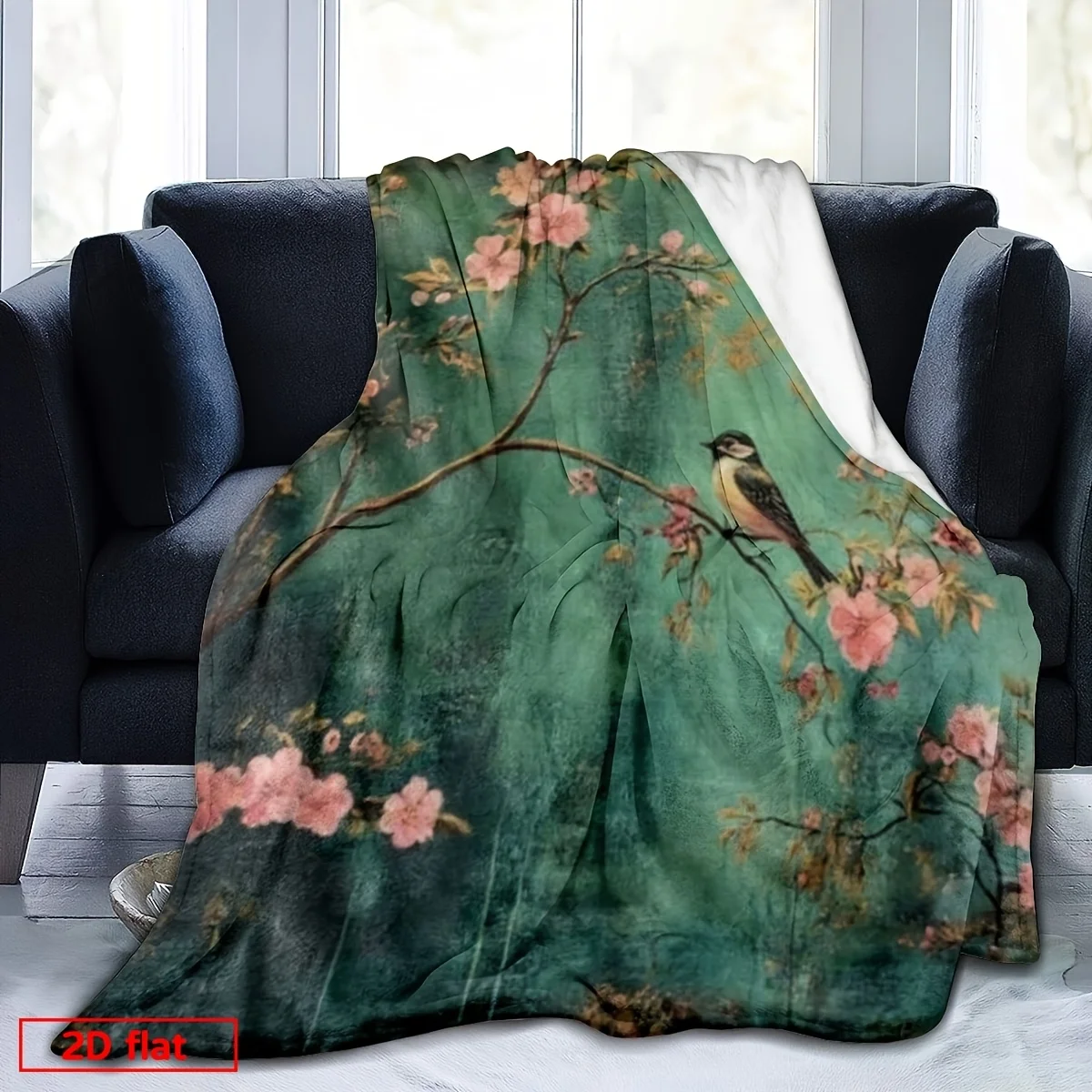 2D Flat Printed 1pc Flannel Vintage Floral Cherry Blossom And Bird Print Flannel Blanket Soft Warm All Season Casual Sofa Bed Ca