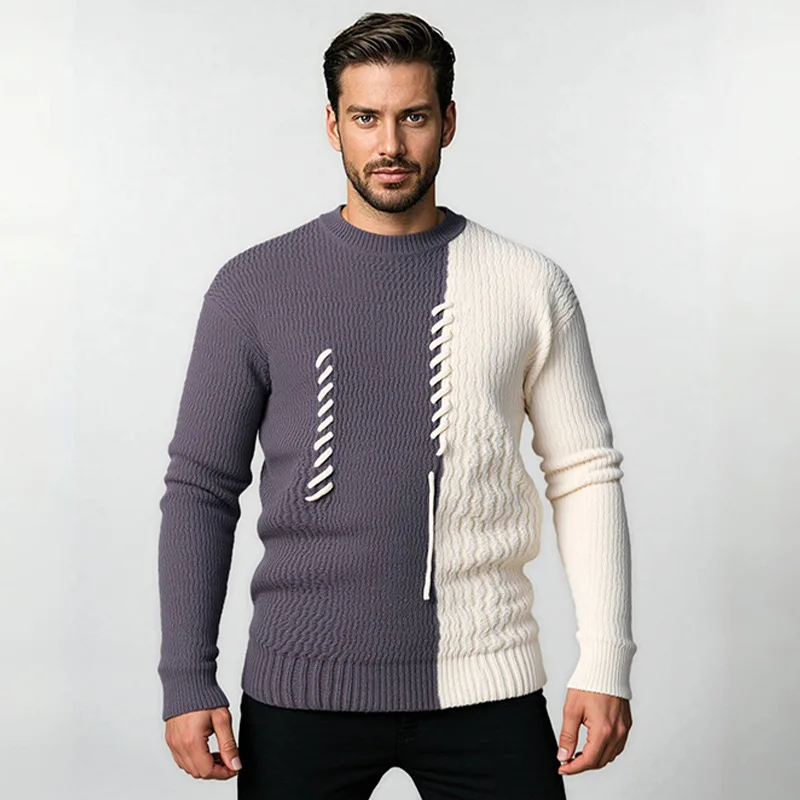 

2025 Autumn Winter New Sweater Men's Round Neck Color-blocking Sweater Base